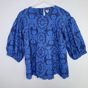 Ivy Jane Embroidered Boho Top Size XS Blue Puff Sleeve Folk Peasant‎ Cottagecore